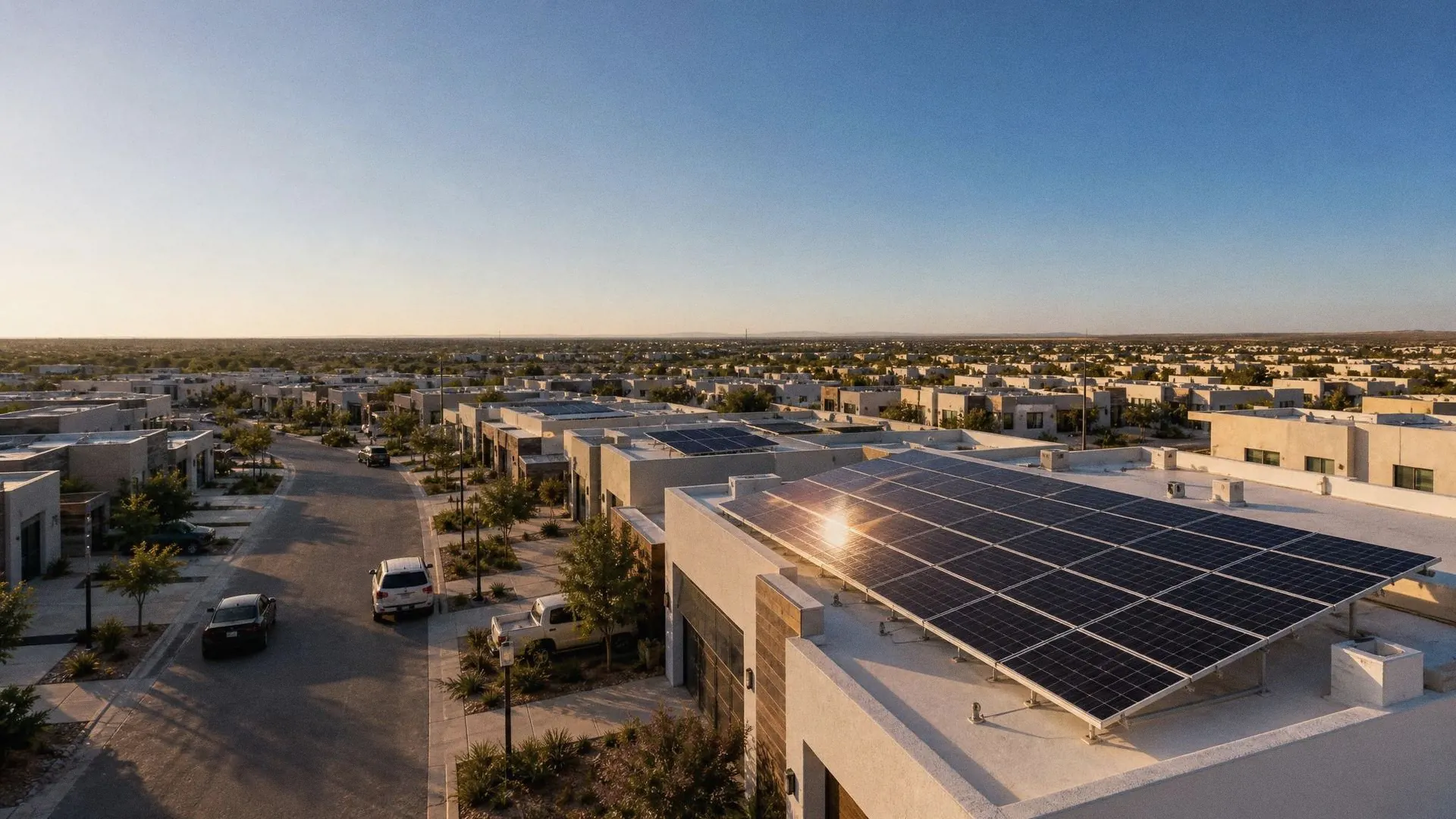 Vista aérea de un fraccionamiento con paneles solares en las azoteas al atardecer