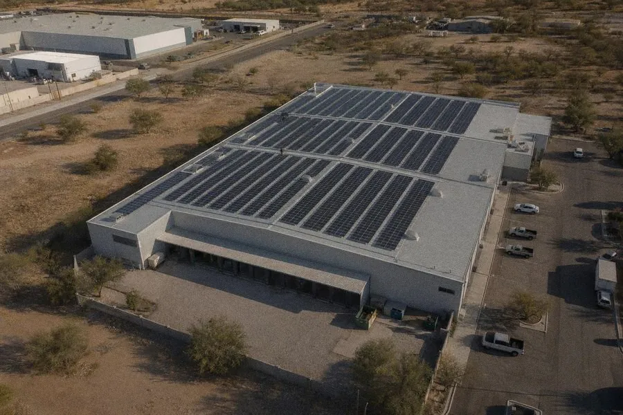Nave industrial con el techo cubierto de paneles solares